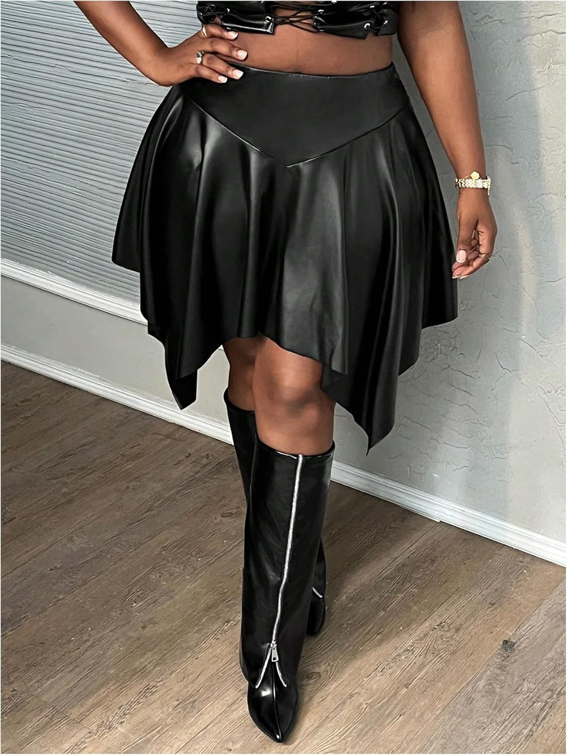 Women's Plus Size PU Leather Ruffle Skirt High Waisted Asymmetrical Party Rave Concert Mini Skirts Clubwear - Image 3