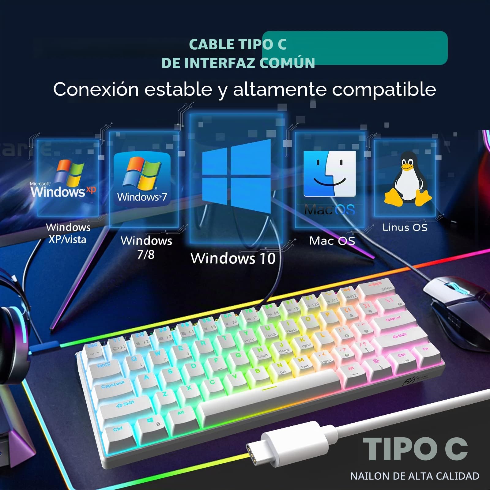 RK ROYAL KLUDGE RK61 QMK/Via Teclado Mecánico 60% Teclado Gaming con Cable RGB Interruptor Rojo Hot Swap US Layout Compatible con Mac/PC/iPad/iOS, Blanco