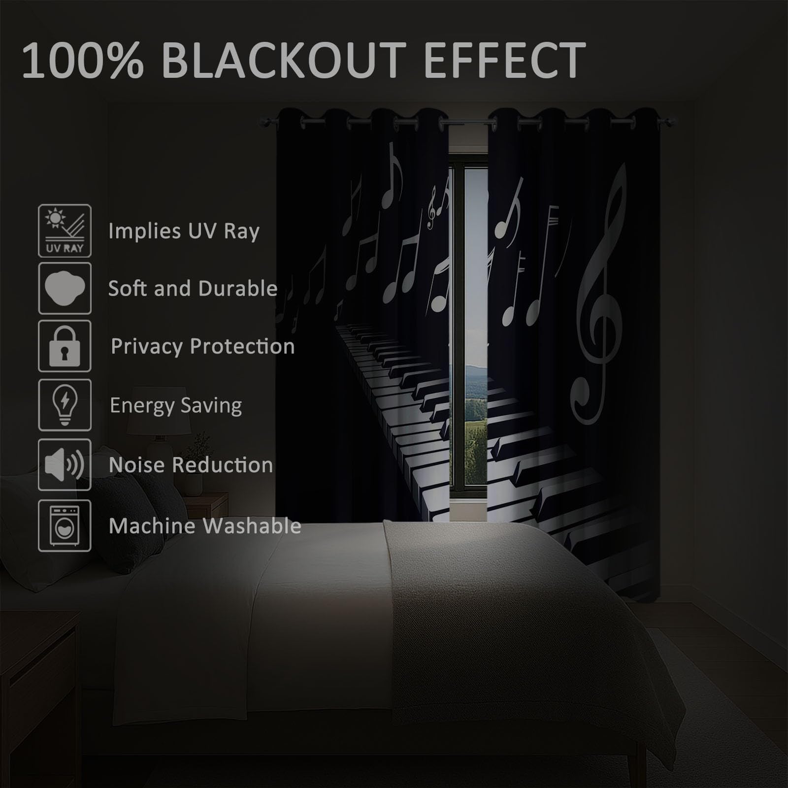 Thème Musical Piano Notes De Musique Rideau Occultant Thermique 117 x 229 cm Lot de 2, Fenetre Rideaux Salon Intérieur Maison Occultant Isolant Thermique Anti Froid, Noir
