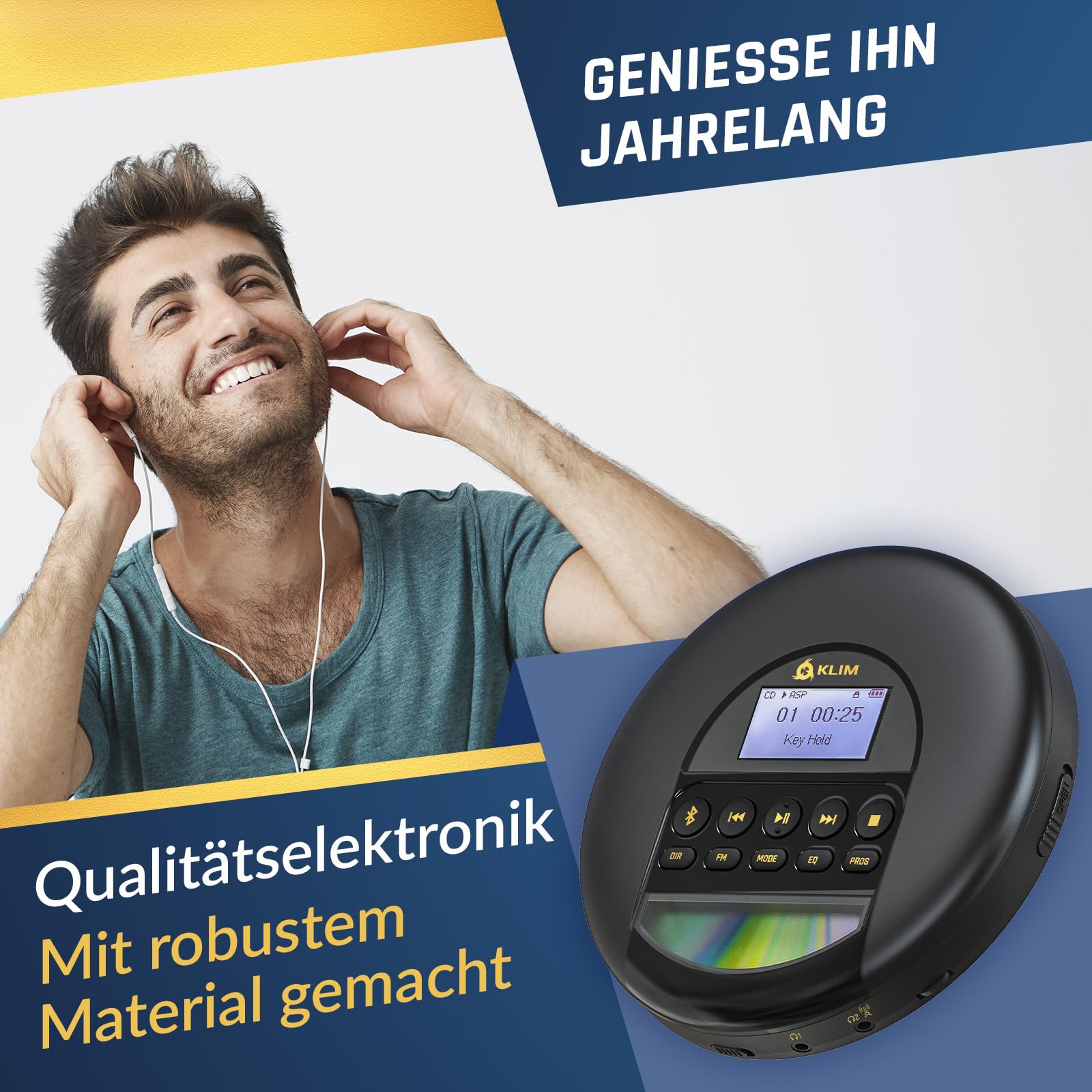 KLIM Nomad CD Player Bluetooth - Tragbarer CD-Player Discman mit langlebigem Akku - Inklusive Kopfhörer - CD-R, CD-RW, MP3 - Mit TF-Reader, Radio FM - Ideal für Autos - Portable Diskman