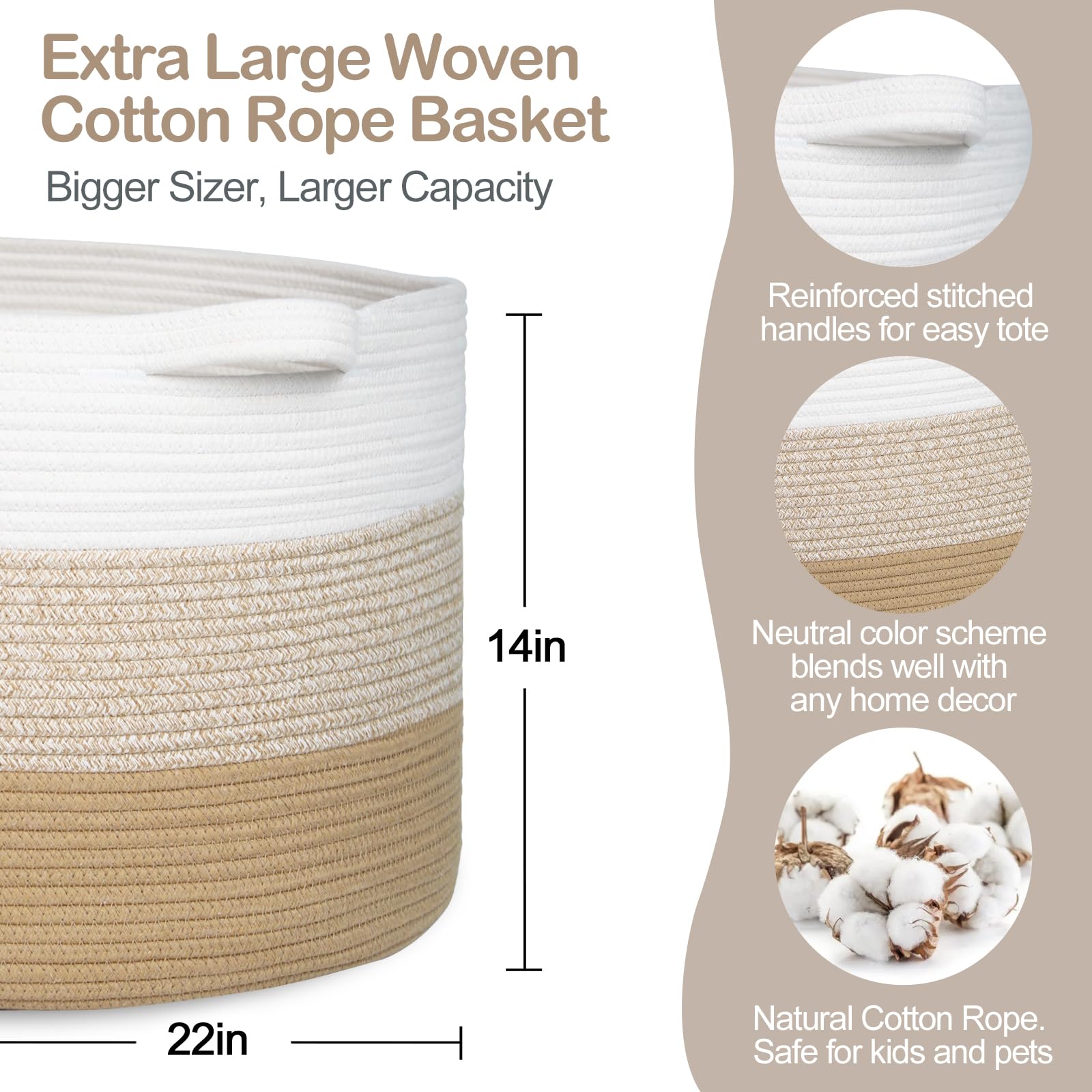 MEGASKET Extra Large Storage Basket, 22” X 22” X 14” Blanket Basket Living Room, Kids Toy Box Organizer, Woven Cotton Rope Baskets for Storage, Soft Dog Toy Bin, Wicker Pillow Blanket Holder