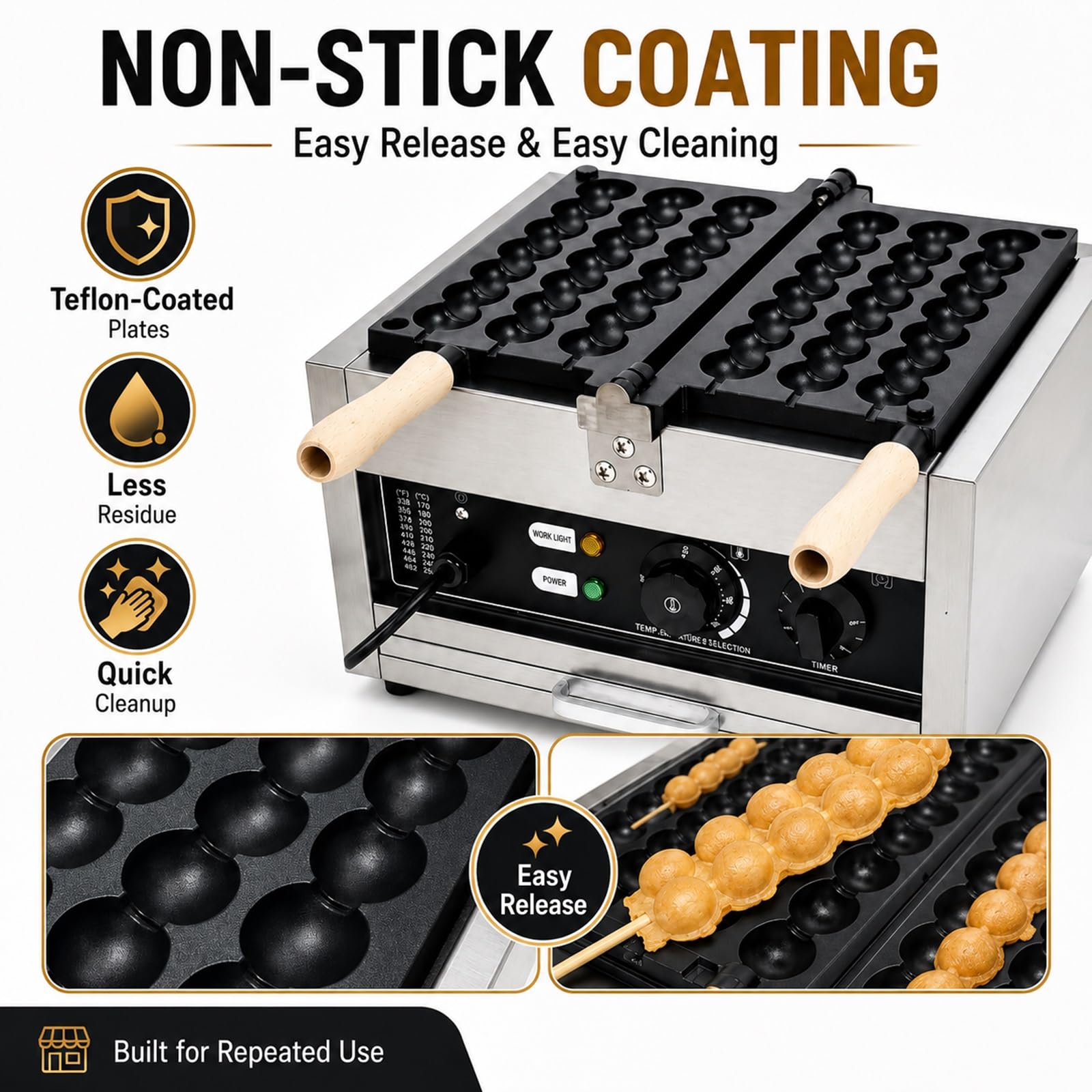 Macchina Professionale Per Waffle Su Stecco Tipo Bubble Waffle, Piastra In Acciaio Inox Antiaderente A 3 Scomparti, Design Girevole A 180°, Timer 0-5 Minuti, Per Bar, Snack Bar E Ristoranti