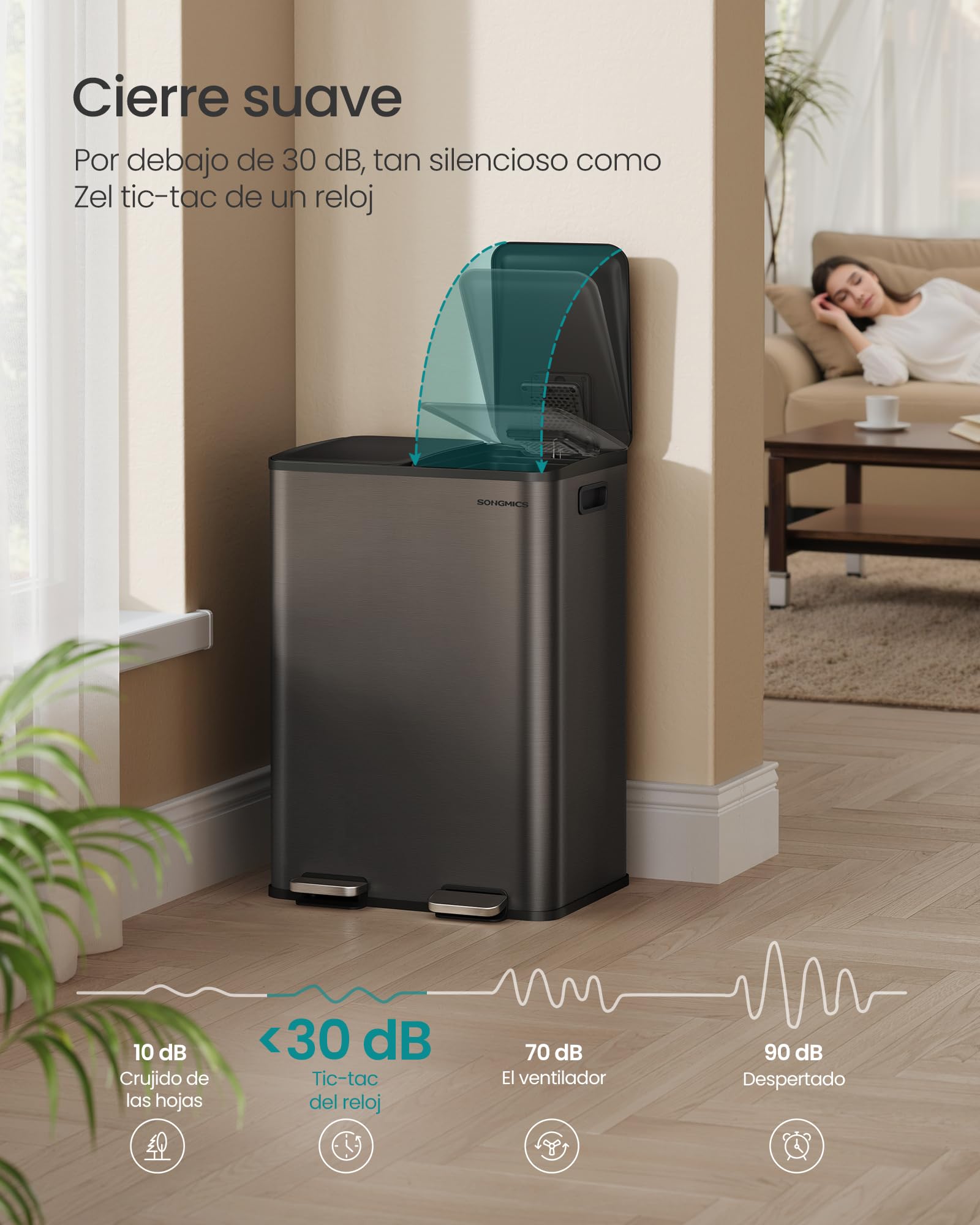 SONGMICS Cubo de Basura de Cocina, 2 x 30 L, 2 Compartimentos, Papelera de Pedal, con Tapa de Cierre Suave y Cubo Interior, Acero Inoxidable, Incluye 15 Bolsas de Basura, Gris Pizarra LTB741G01