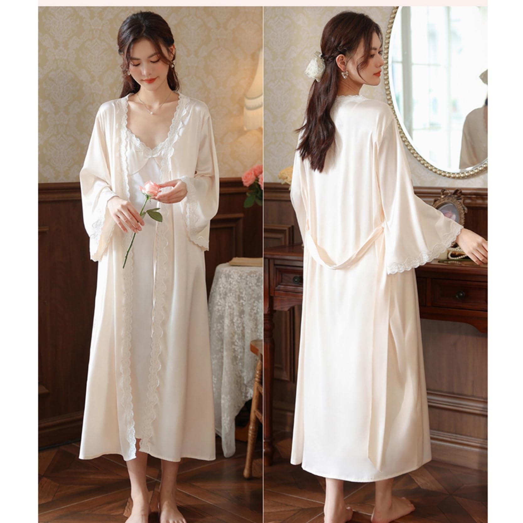 ルームウェア ナイトガウン キャミソールワンピース 上下2点セット ローブ 羽織り スリップ サテン調 レディース 婦人用 部屋着 パジャマ レース ルームウェア ナイトガウン キャミソールワンピース 上下2点セット