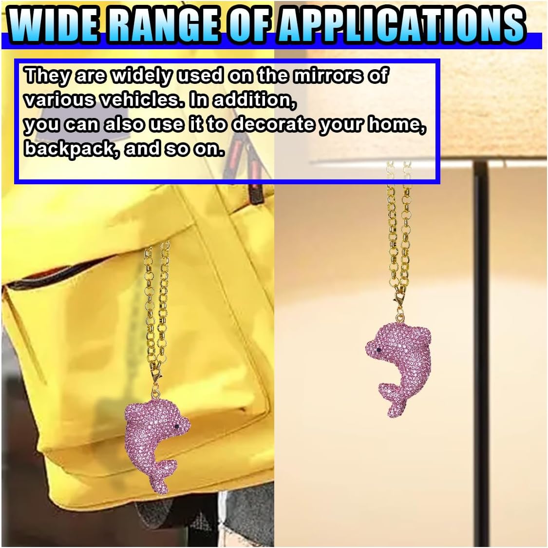 Bling Dolphin Ornaments for Car Decoration, Funny Rear View Mirror Charm with Sparkle Rhinestone, Ocean Themed Car Interior Pendant Accessory, Cute Present for Women, Men, Ocean Lover (Pink)