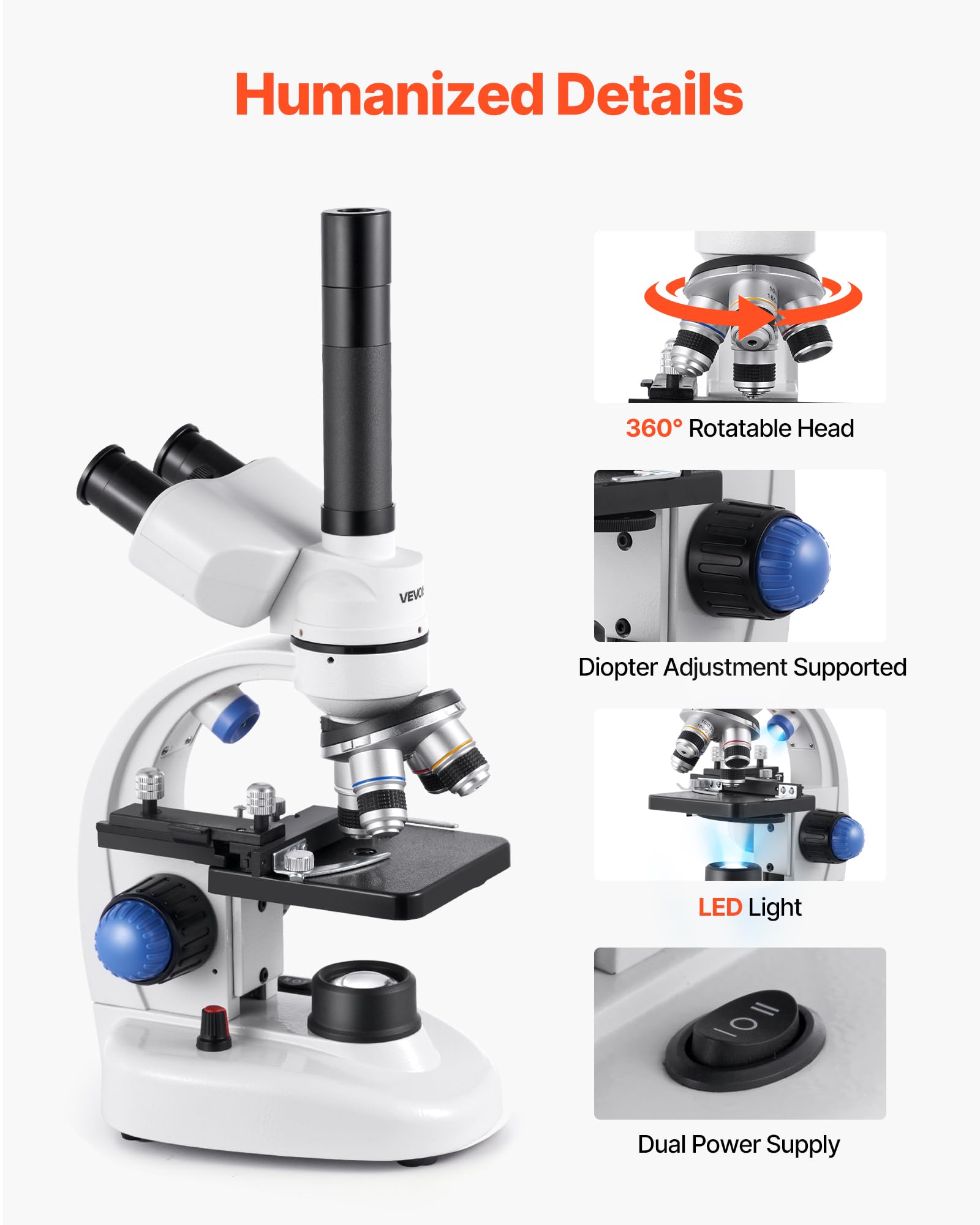 VEVOR Trinokularmikroskop für Erwachsene, professionelles zusammengesetztes Mikroskop-Set mit 40X-5000X Vergrößerung, Gehäuse aus Aluminiumlegierung, inklusive LED-Licht & Telefonhalterung