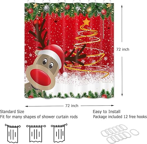 Miniatura 4 de Juego de cortina de ducha de Navidad con patrón de reno, divertida cortina de baño con copo de nieve blanco, árbol de Navidad dorado, decoración de