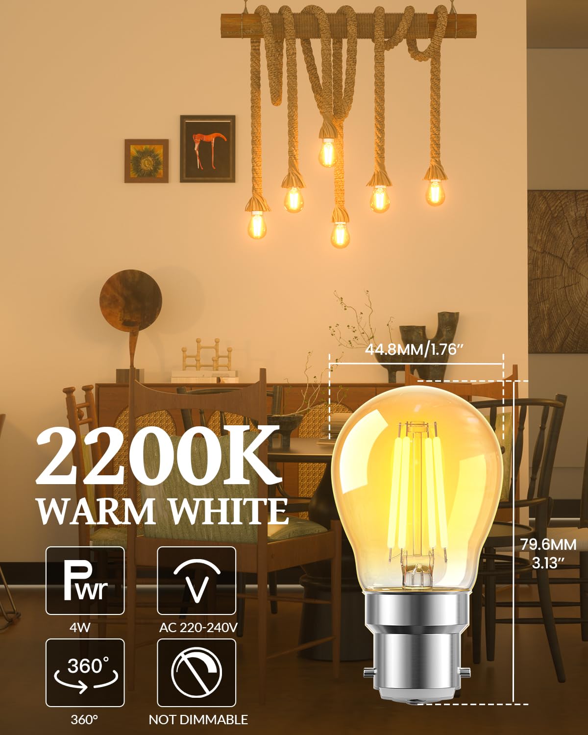 Lamptobe 4W B22 Vintage Bayonet Light Bulb Warm White 2200K, 40W Equivalent - Image 3