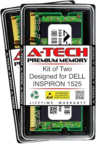 A-Tech 4 GB (2 x 2 GB) RAM para Dell Inspiron 1525  DDR2 667MHz SODIMM PC2-5300 Kit de actualización de memoria no ECC de 200 pines