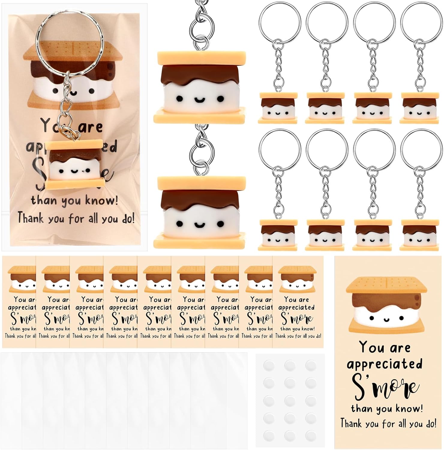 Kigley 100 Sets Inspirational Marshmallow Keychain Bulk Coworkers Gift Mini Smore Card for Social Worker Volunteer Employee Teacher