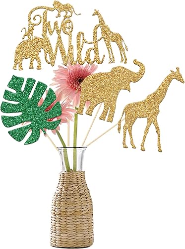 Wild Two Centerpiece Sticks,Happy 2nd Birthday Decoration,Jungle Safari Animal Zoo Themed Baby ShowerSecond Anniversary Party Table Toppers Supplies