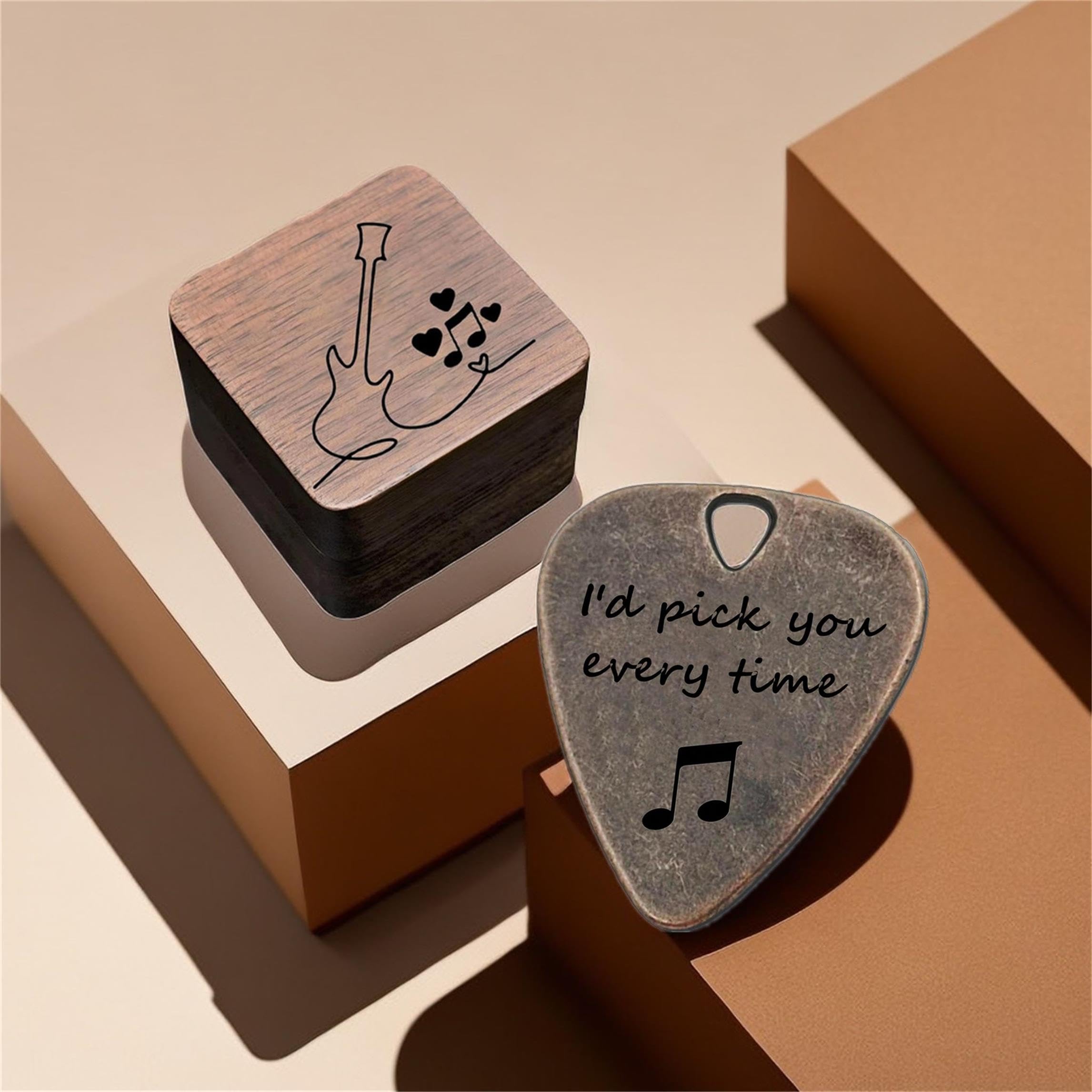 JUPPE Birthday Gifts For HIm or Her, Bronze I'd Pick You Every Time Guitar Pick With Wood Gift Box Music Gifts For Men Women Boy Girl (Wood Box Set)