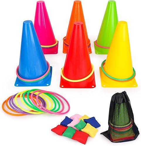 Juego de juegos de carnaval 3 en 1, conos de plástico suave, bolsas de frijoles de Cornhole para carnaval, juegos de lanzamiento de anillos para