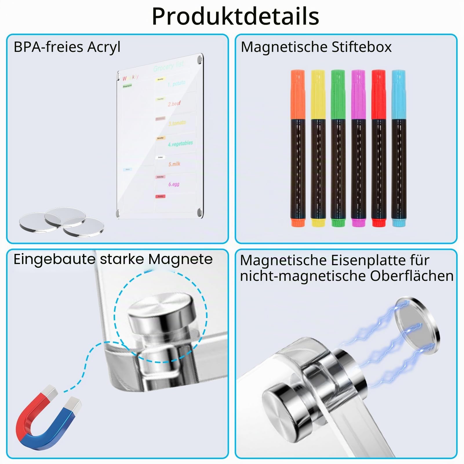 Kühlschrankkalender, Mahlzeitenplanungstafel, trocken abwischbar, Acryl, magnetisch, Monats- und Wochenkalender, Planer für Kühlschrank mit 6 Farbmarkern (transparent, wöchentlich (39,9 x 30