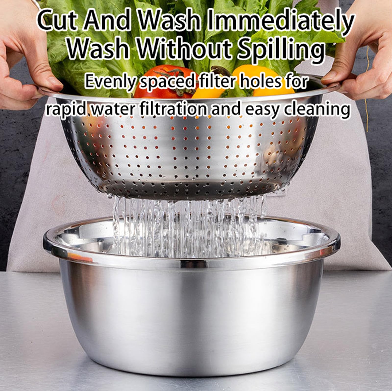 Multifunctional Stainless Steel Basin, Scolapasta in Acciaio Inox con Ciotola e Grattugia, Ciotola per Riso, per Insalata, Frutta, Riso, Pasta, Preparazione Metallic,26CM/10IN