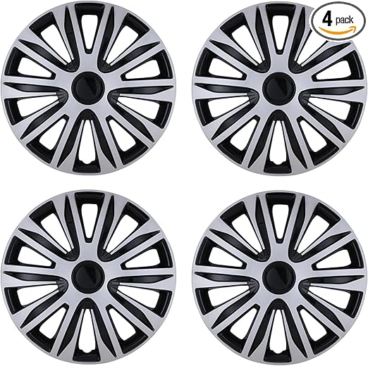 16'' Hubcaps Set of 4 Wheel Rim Cover Universal R16 Hub Caps Replacement ABS Material Exterior Accessories for Car Pickup Truck SUV (16-Inch, Silver & Black Lacquer)