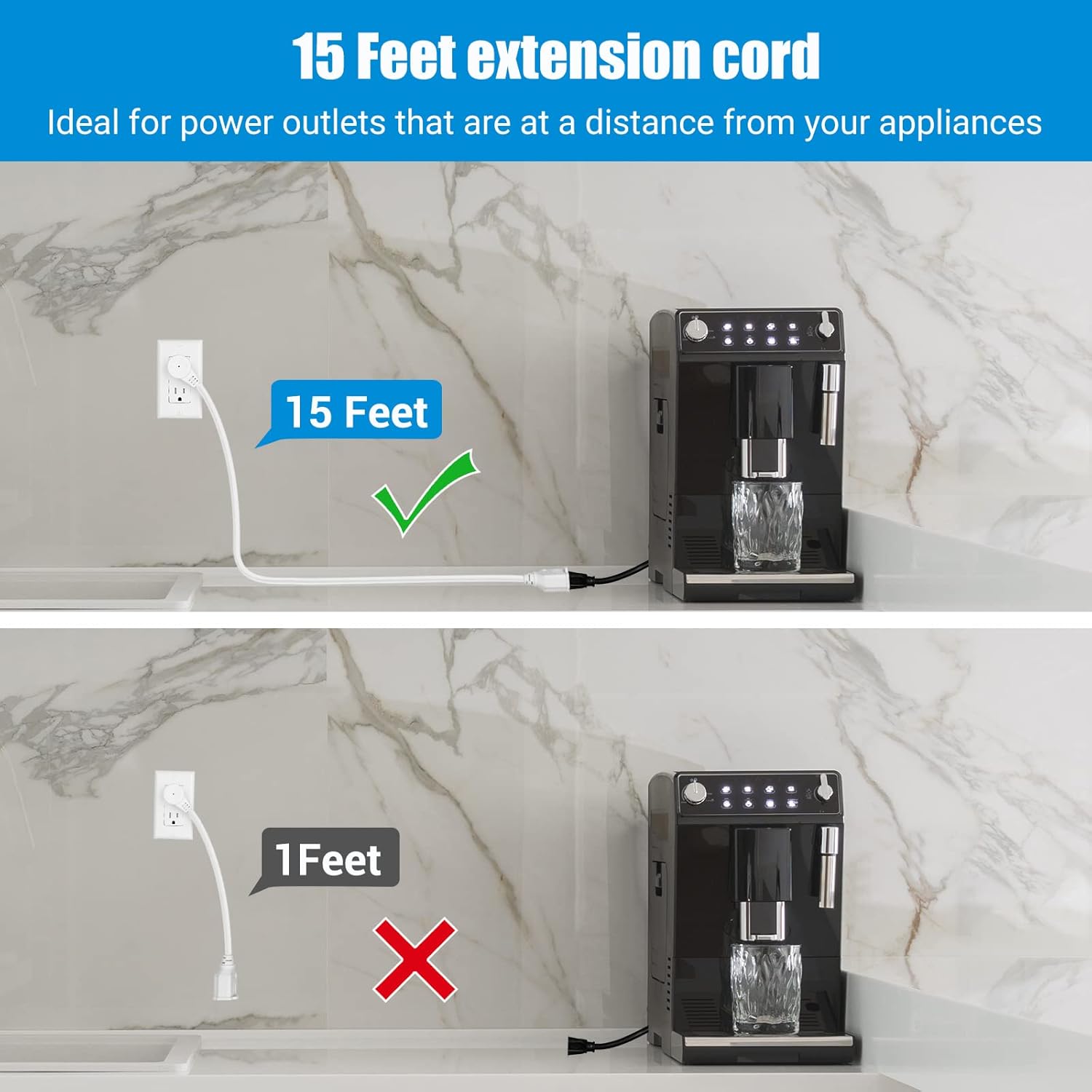 DEWENWILS 15Ft Extension Cord, Flat Plug Extension Cord, 14/3 Heavy Duty Indoor SJT Power Cord, 3 Prong Grounded Wire, UL Listed, White, 2 Pack