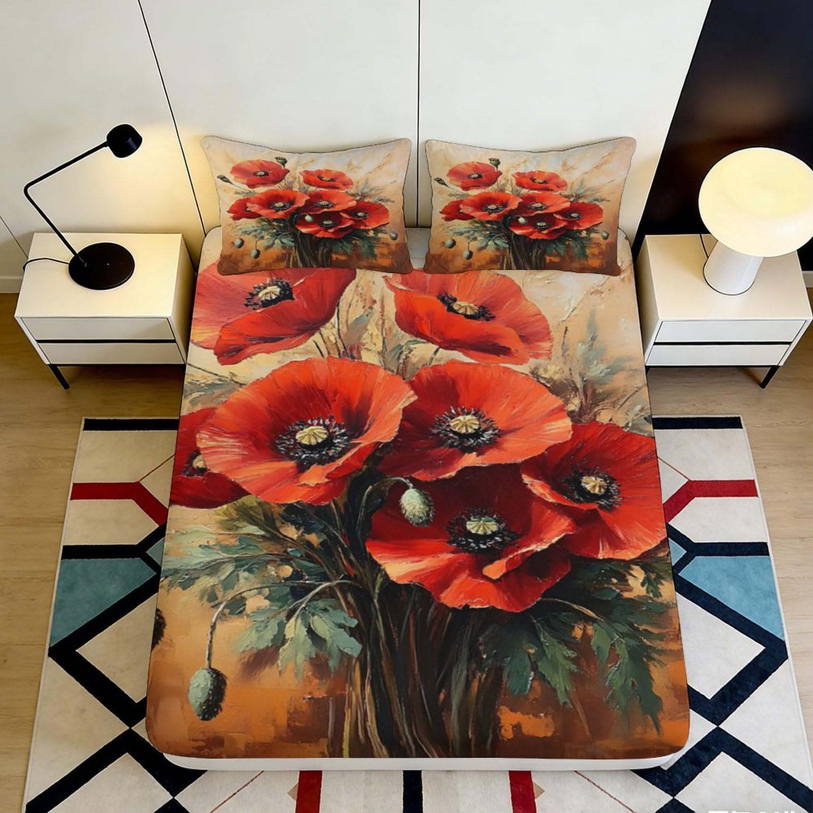 3D Printed Red Poppy Flower Fitted Sheet Microfiber Soft Bedroom Decor Orange Blossom Mattress Cover for Home Dorm 140x200x25cm