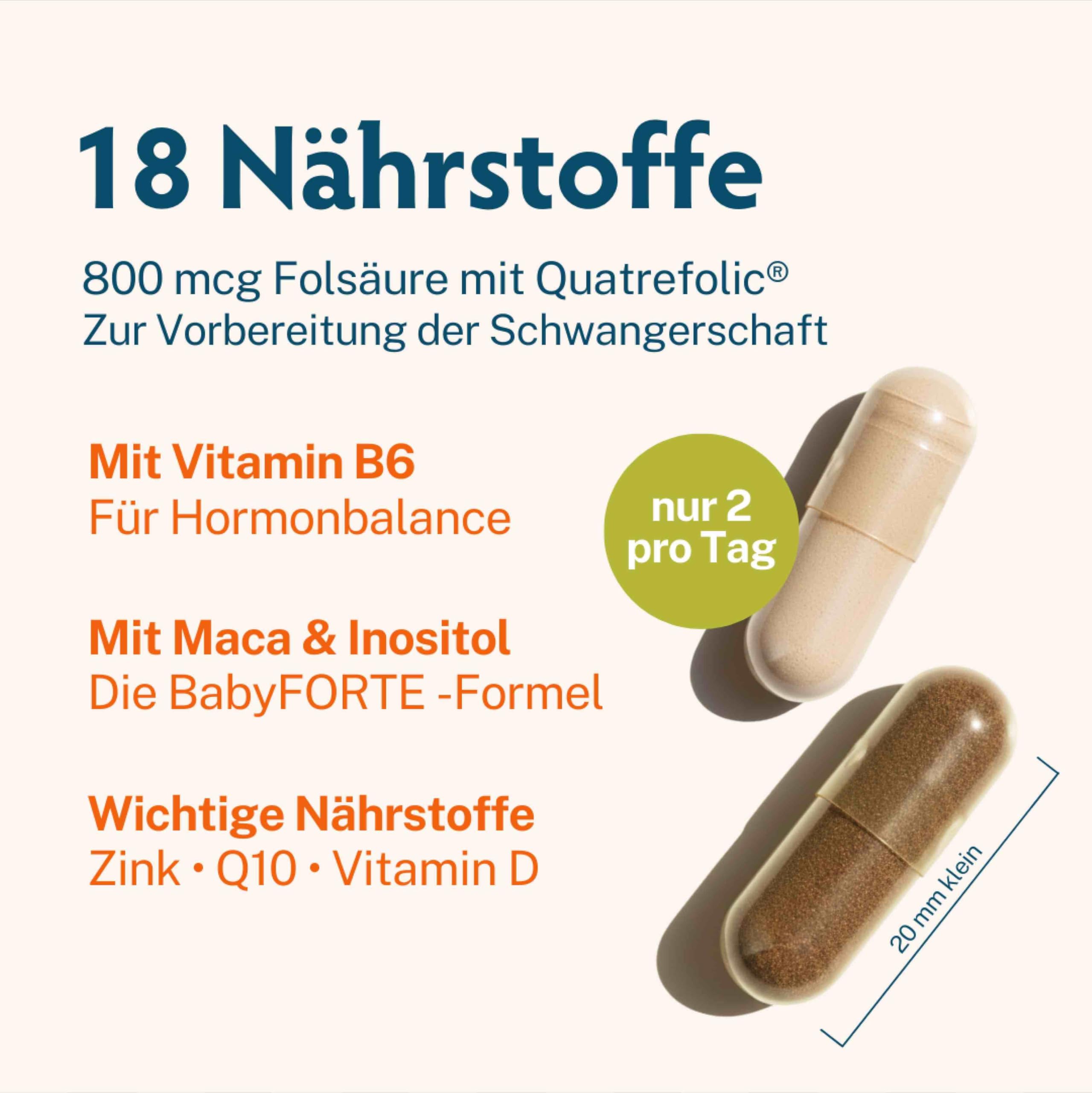 BabyFORTE Kinderwunsch Vitamine ohne Jod - vegan- Quatrefolic, Folsäure 800, Maca, Inositol - 60 Kapseln - Vitamine Schwangerschaft ohne Jod