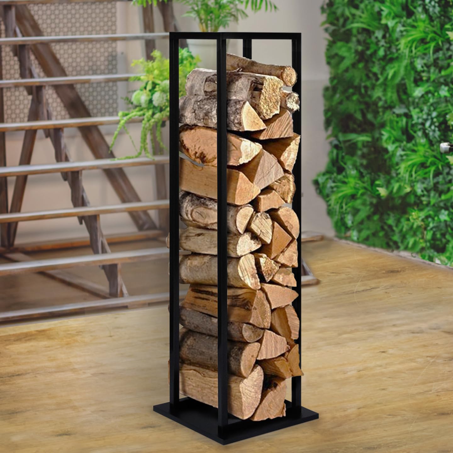 IDMarket - Range bûches Vertical Acier Noir avec étagère H.112 CM pour cheminée