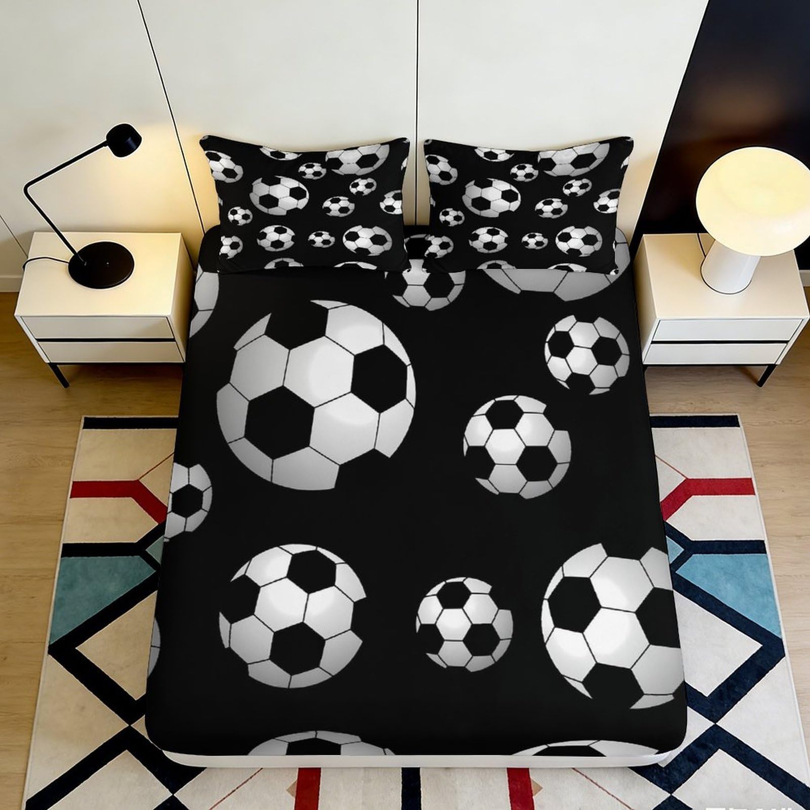 3D Printed Football Pattern Fitted Sheet Microfiber Black Soccer Bed Sheet for Bedroom Guestroom Mattress Protection 90x200x25cm