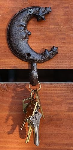 Miniatura 9 de Ebros Gift Paquete de 3 ganchos de pared rústicos de hierro fundido, óxido antiguo, cielos celestiales, cara dormida, media luna con estrellas,