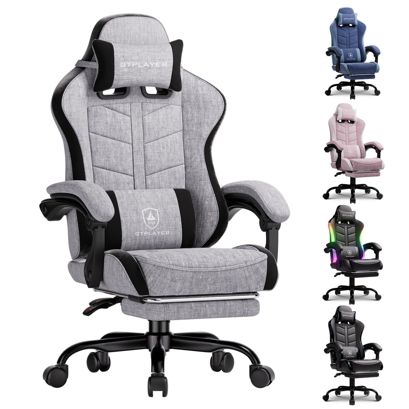 GTPLAYER Gaming Chair with Footrest, Computer Gaming Chair for Adults and Kids, Height Adjustable Gamer Chair with 90-155° Recline & Removable Headrest Lumbar Support,Linen Fabric Gray-Black