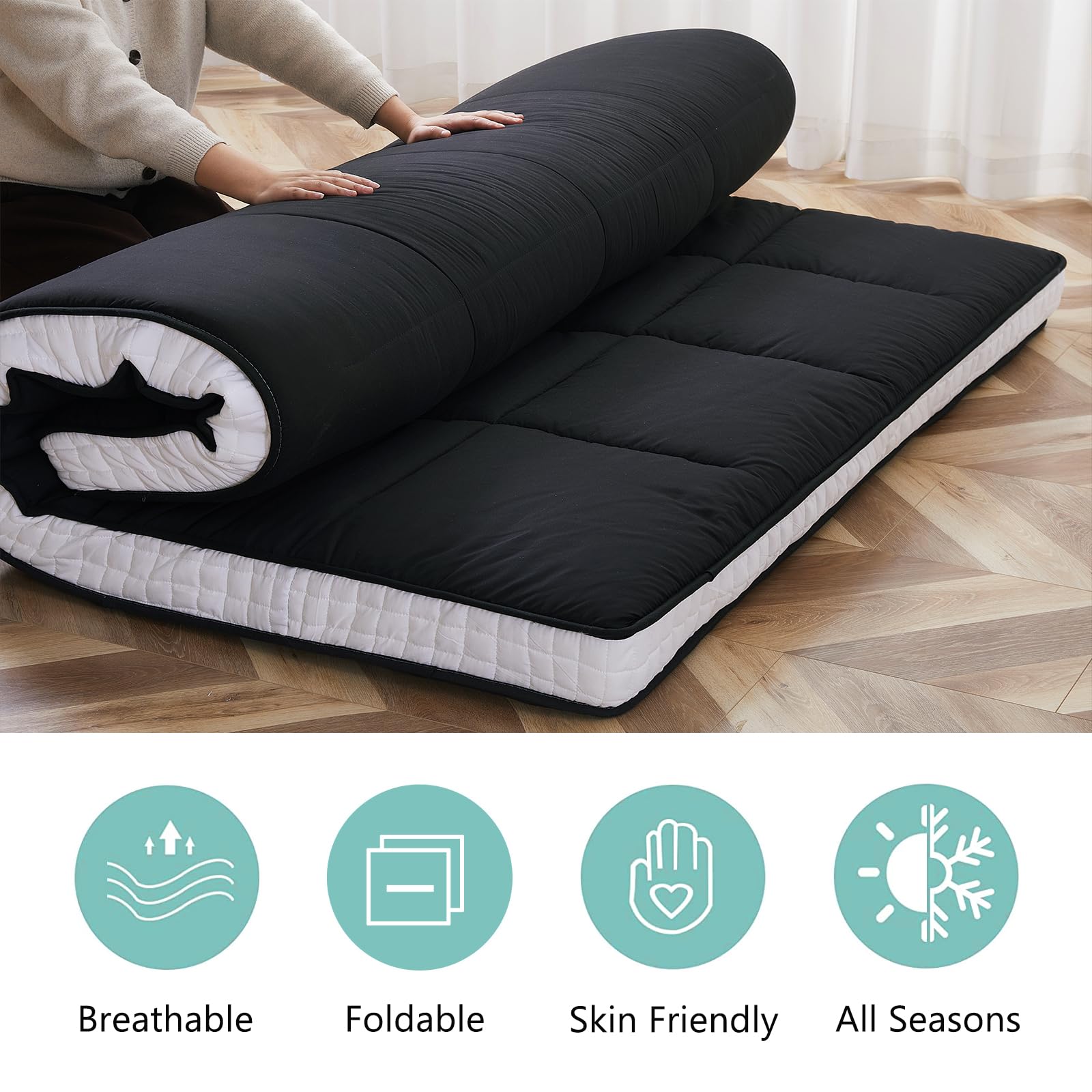 Ytaoeo Matelas futon 140 x 200 cm, matelas pliable japonais de 10 cm d'épaisseur, matelas respirant au sol, lit d'invité pour canapé de camping (Noir)