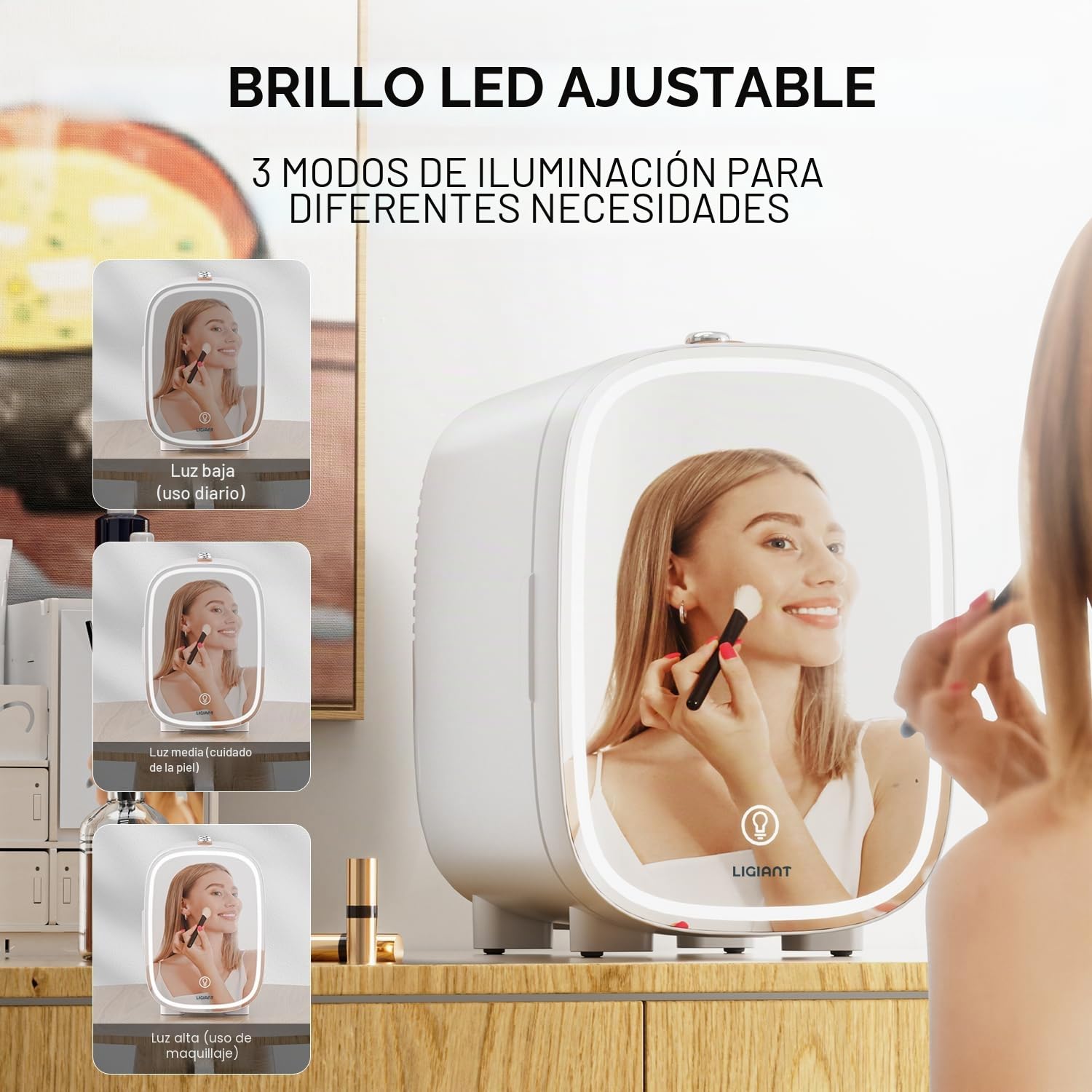 LIGIANT DF01A Skincare Nevera, Nevera Pequeña con Espejo LED, Bajo ruido, Función Frío y Calor, 4L Mini Nevera para Dormitorio, Portátil para Múltiples Usos – Dormitorio, Oficina y Coche