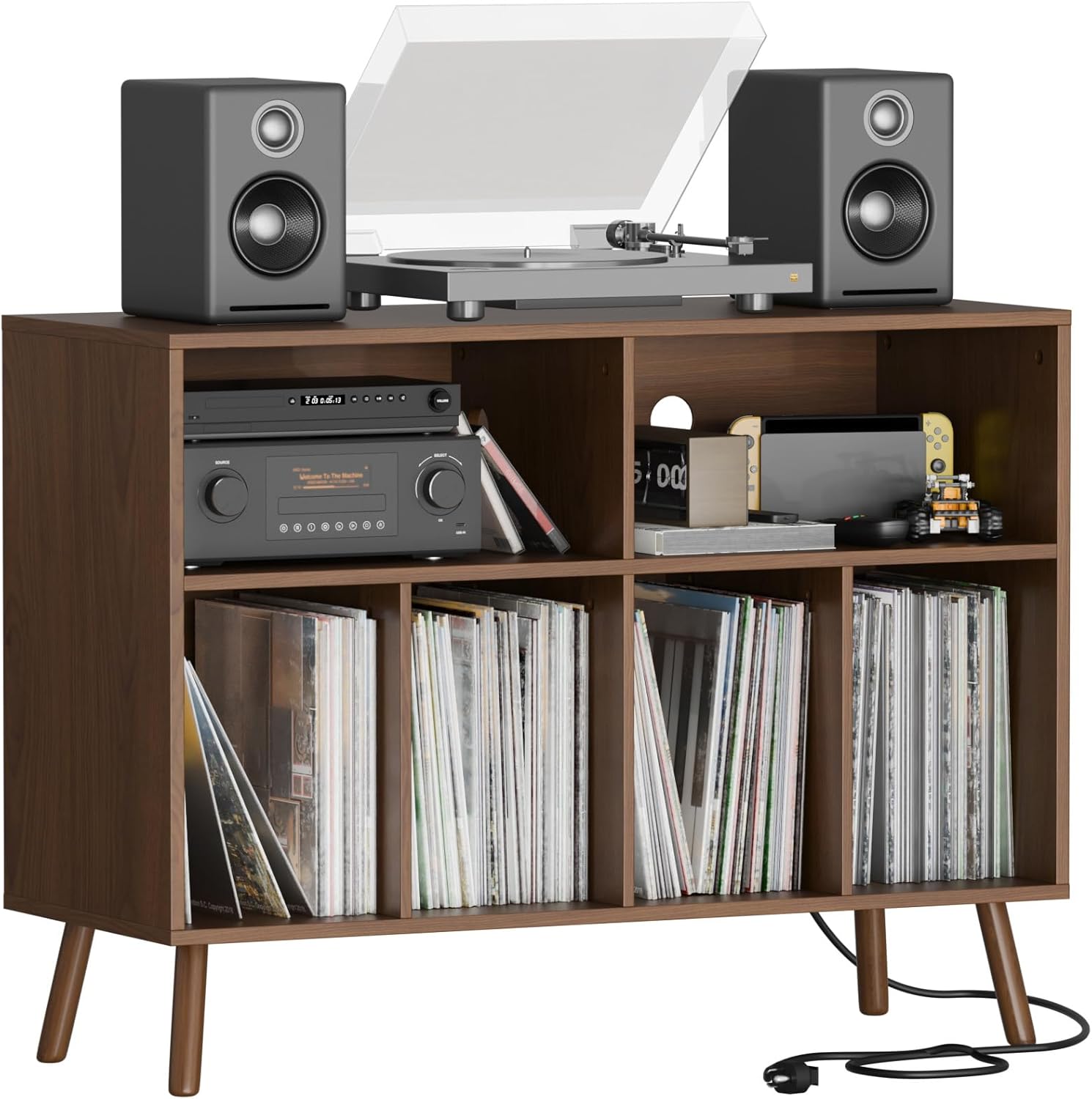 Cozy Castle Record Player Stand with Vinyl Storage Cabinet, Wood Turntable Table Open Shelf Holder Up to 350 Albums Cube Storage Organizer for Living Room, Office, Brown