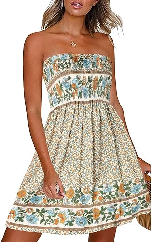 CHICGAL Vestidos de verano para mujeres, cubiertas de playa sin tirantes estilo bohemio con estampado floral, vestido de sol
