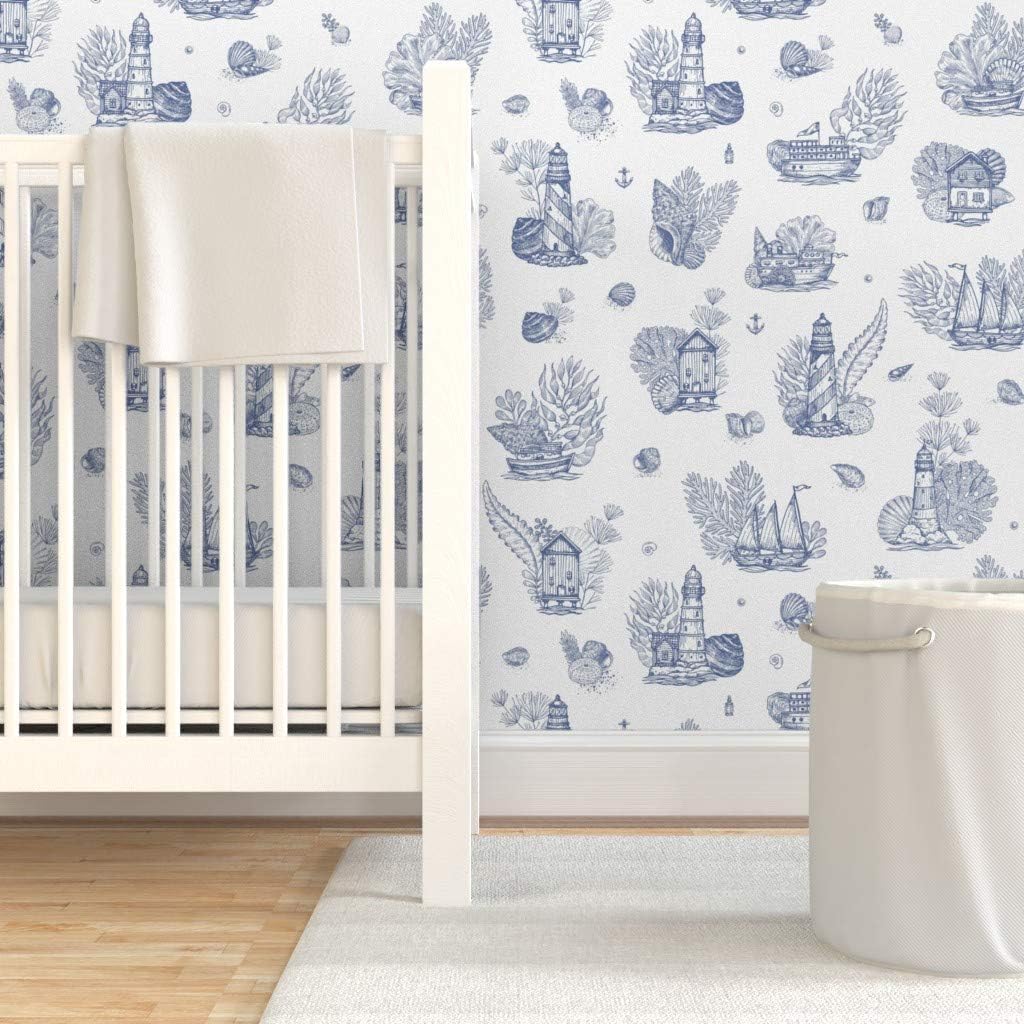 Removable Wallpaper 6ft x 2ft - Lighthouse Sea Blue Plant Nautical Ship Ocean Seashells Custom Pre-Pasted Wallpaper by Spoonflower