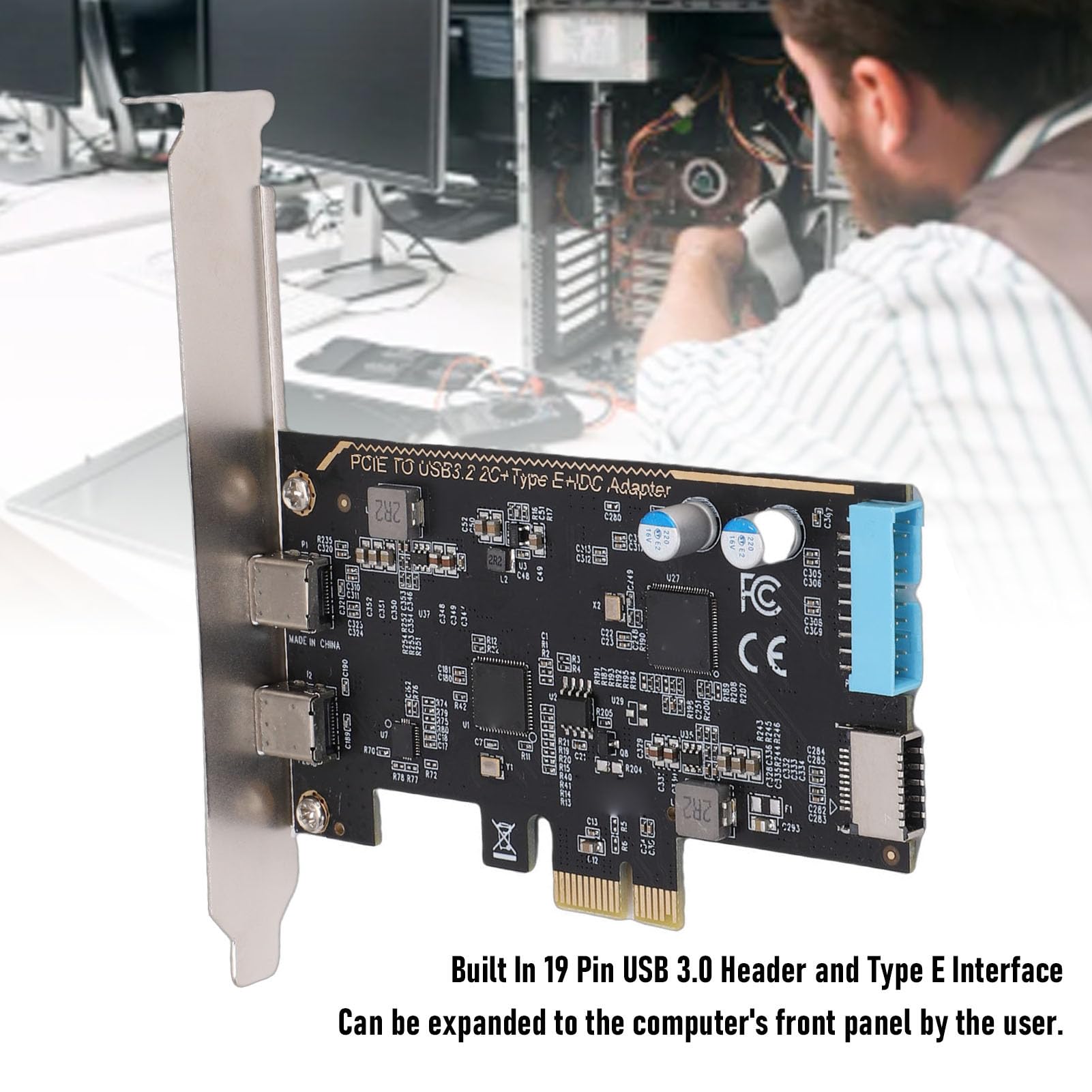Jiawu Scheda di Espansione PCI Express per PC Desktop, Scheda PCIe da 5 Gbps a Doppio Tipo C con Tipo Interno e Porta a 19 Pin, Adattatore ASM1042
