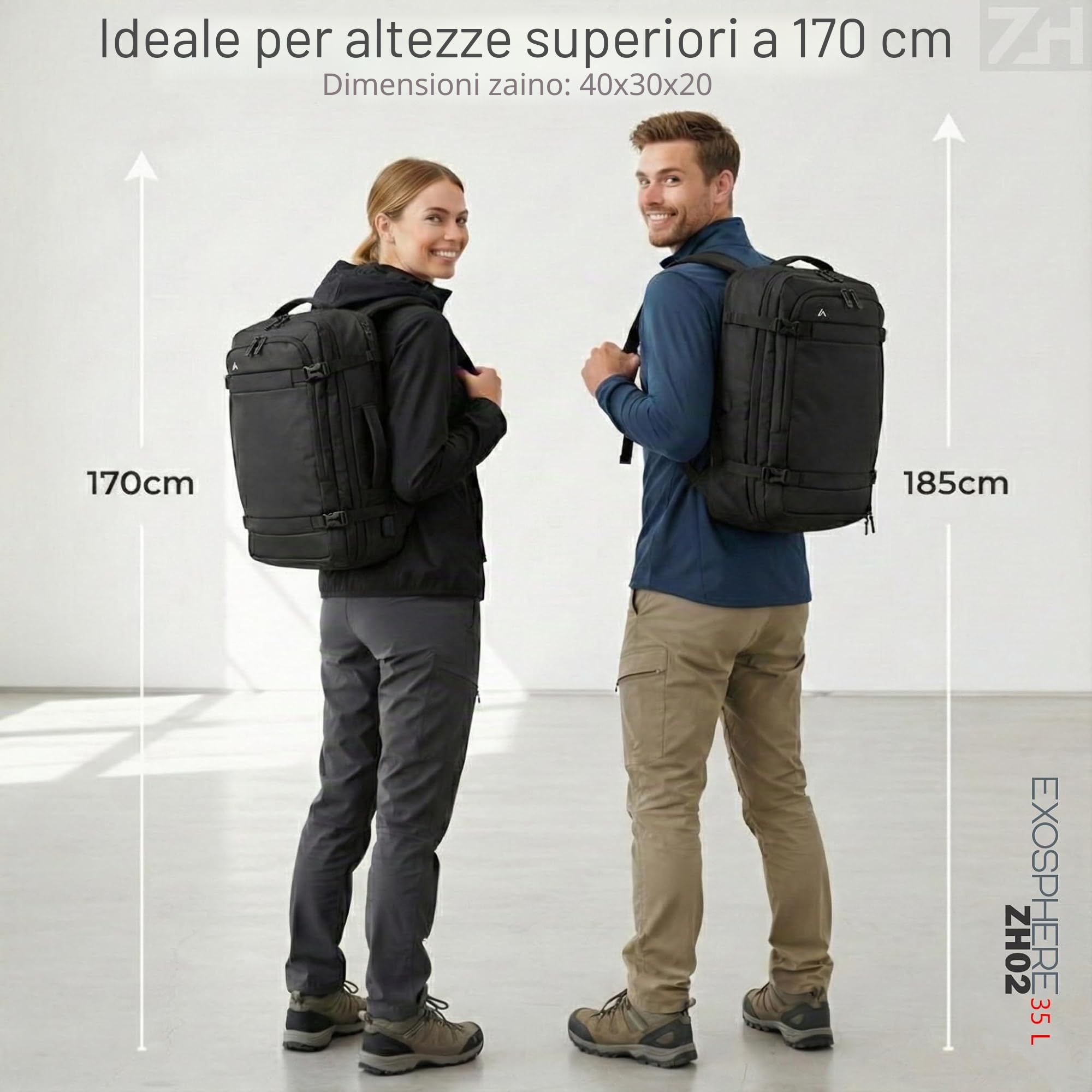 +ZERMATT-HORN Zaino da viaggio sottovuoto. Estensibile 25L a 30L, laptop da 15" a 17". Zaino da bagaglio a mano 40 x 30 x 20 cabina per volo con Ryanair, Vueling, Easyjet, Travel Backpack cabin.