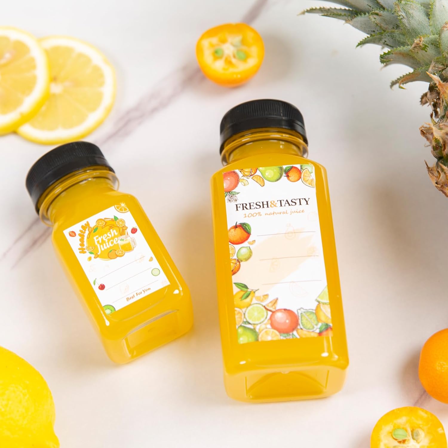 TOMNK 45pcs 8oz Plastic Juice Bottles with Black Caps Empty Reusable Clear Bottles with Label, Funnel and Brush Beverage Containers Bulk with Lids for Juicing, Smoothies, Fridge - Image 4