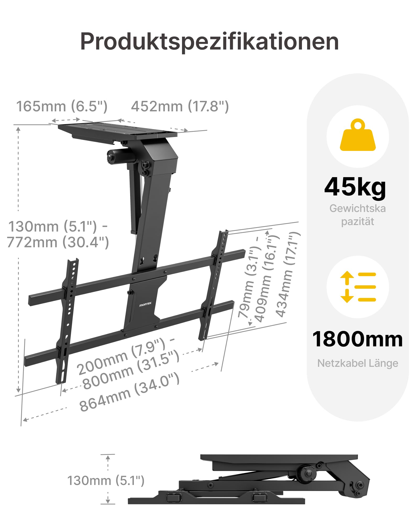 monTEK TV Deckenhalterung Elektrisch für 43-86 Zoll Fernseher, Elektrische TV Halterung Motorisiert Absenkbar für Flache & Geneigte Decken, Bis zu 45 kg Tragkraft, Fernbedienung/App/Sprachsteuerung