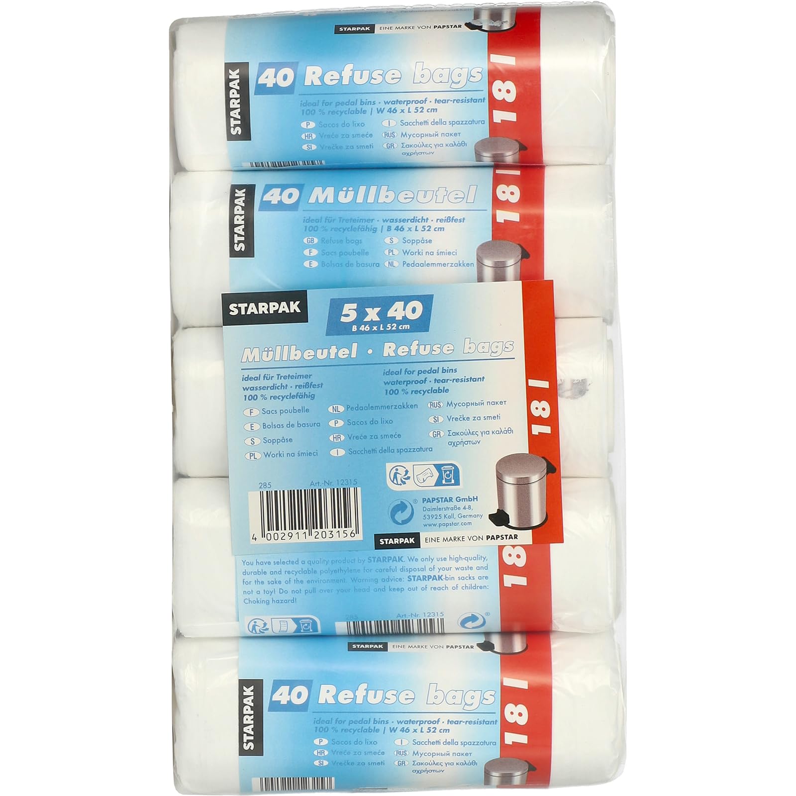 1 cartón Papstar=30 x 40 bolsas de basura, HDPE 18 l 52 cm x 46 cm blanco 12315