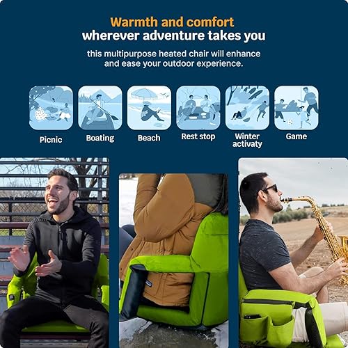 Miniatura 7 de Alpcour Asiento de estadio reclinable con calefacción para gradas, silla ancha con respaldo y cojín, reposabrazos, bolsillos laterales y gancho,