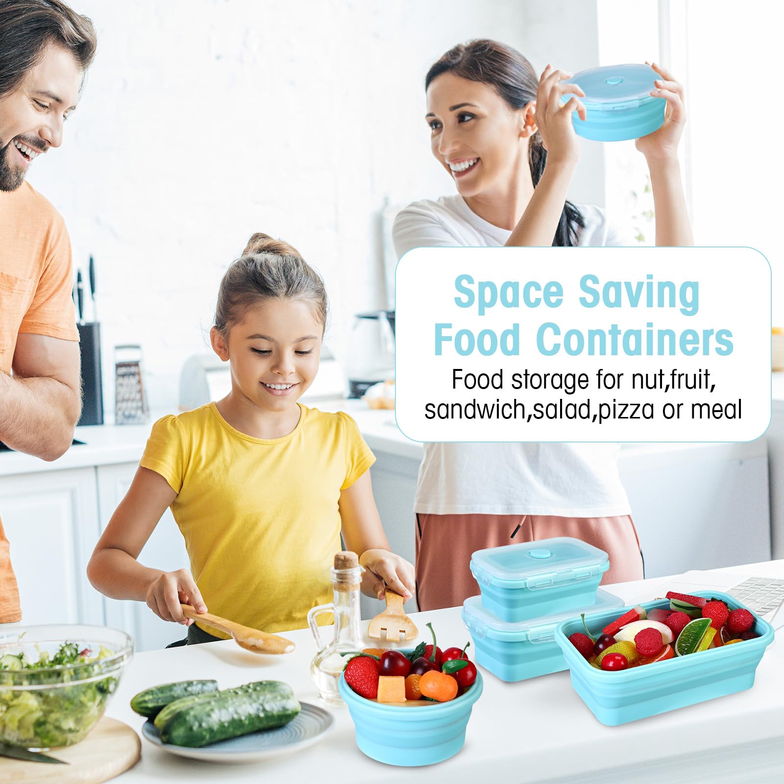 Yaomiao Lot de 16 récipients alimentaires pliables en silicone avec couvercles, 8 bols rectangulaires et 8 bols ronds, passent au micro-ondes, au congélateur et au lave-vaisselle (bleu)