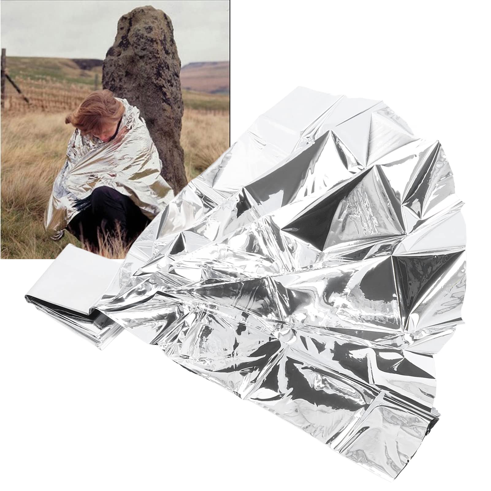 Hyuduo 10pcs Emergency Thermal Sheet, 51.18 X 82.68in Keep Warm Foldable Windproof Insulating Survival Blanket Double Sided Silver for Camping Outdoor Adventure