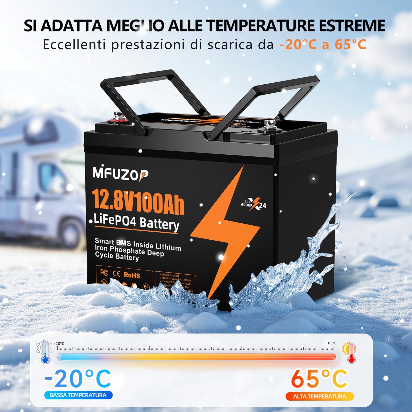 MFUZOP 12V100Ah LiFePO4 Batteria Group 24, 100A BMS, MAX 1280W Potenza, 8000-15000 Cicli Deep Cycle, Supporta Collegamento in Serie/Parallelo, per Camper, Sistema Solare Domestico