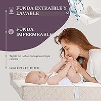 Vista 4 de Cambiador de bebé contorneado de algodón orgánico con colchón de espuma impermeable, incluye funda suave, extraíble y lavable, correa de seguridad