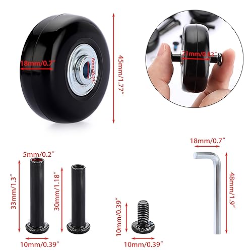 Vista 31 de OwnMy Juego de 4 ruedas de repuesto para maleta silenciosa de 1.575 in x 0.669 in, con rodamientos de ejes de tornillos negros, kit de rueda