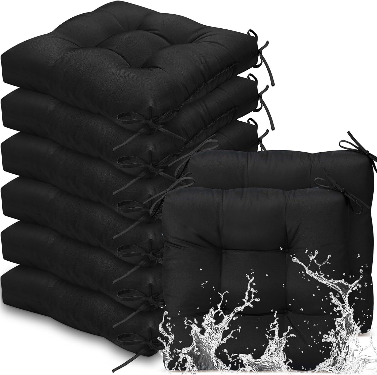 8 Pcs Outdoor Chair Cushions for Patio Furniture Wicker Chair Seat Cushion with Ties 18x18inch Square Water Resistant Tufted Seat Floor Pillows Dining Indoor(Black)