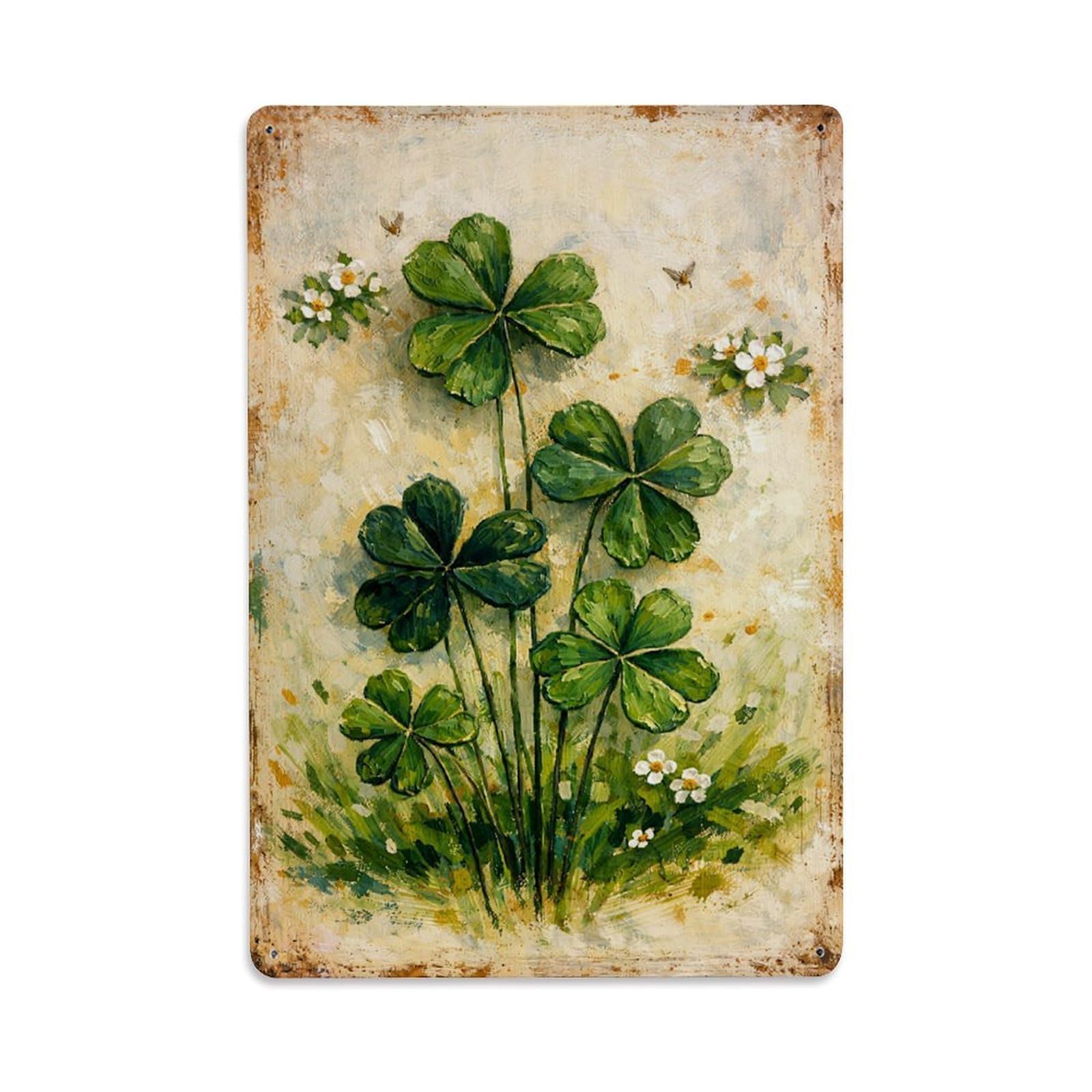 Nestemfo Vintage Green Clover Leaves And White Flowers Tin Sign Metal Sign, Living Room,Bar, Home, Bedroom Wall Decor,Retro Metal Poster 8X12 Inches