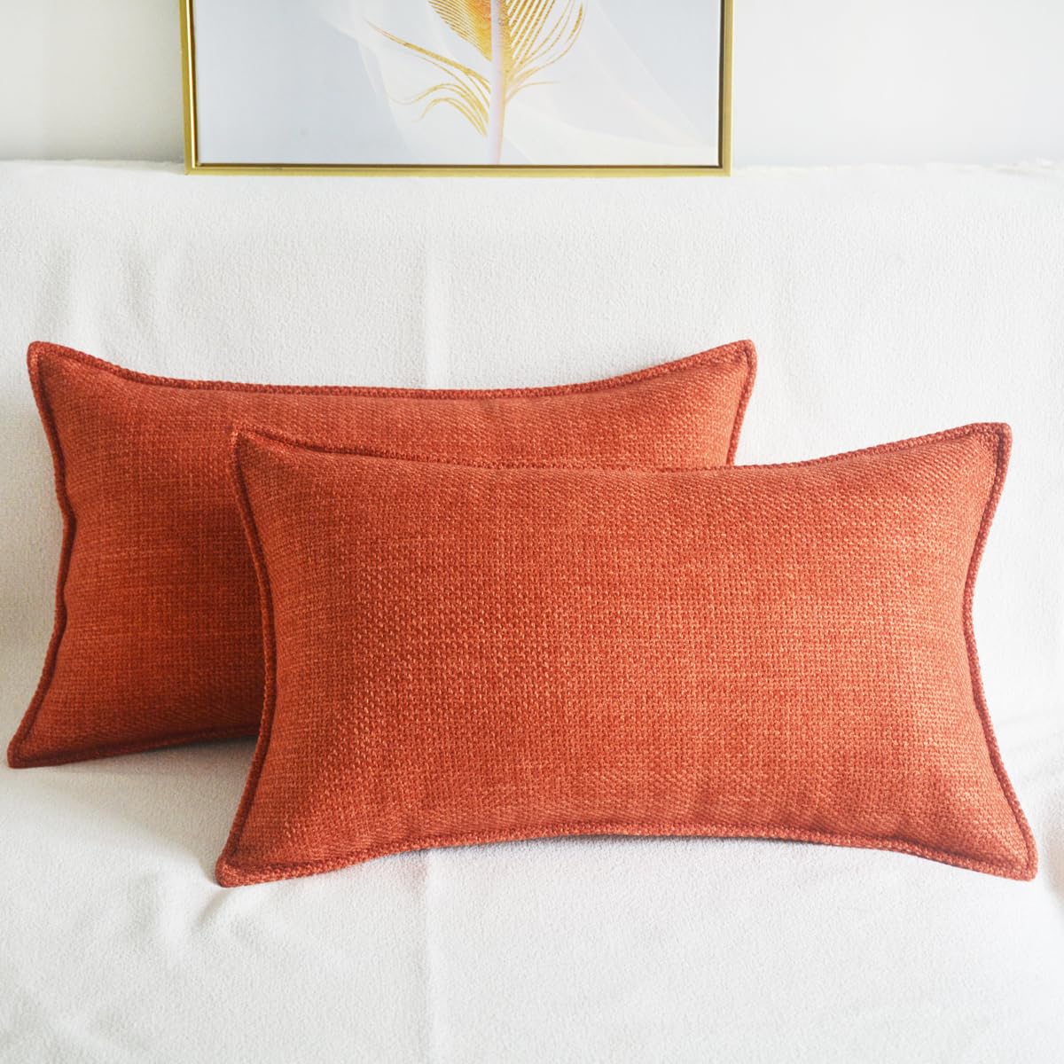 Lutanky Linen Cushion Covers 30 x 50 cm Orange-red Elegant Rectangle Throw Pillow Covers (Pack of 2) for Sofa Bedroom Oblong Piped Pillowcases with Invisible Zipper 12x20 Inch - Image 2