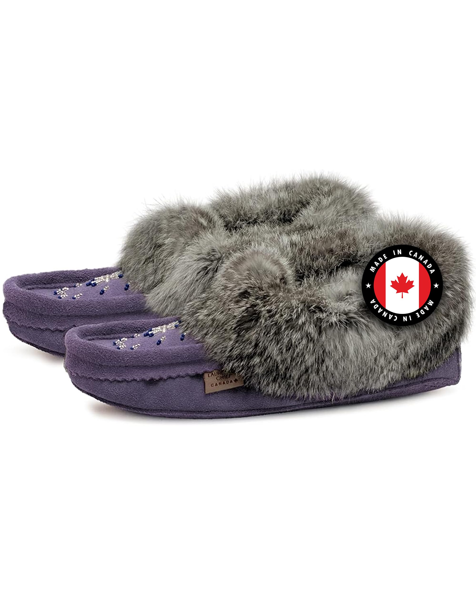 Laurentian Chief Moccasin Slippers for Women – Ladies Comfortable Slippers with Real Rabbit Fur Trim and Soft Faux Lining – Canada Quality Beaded