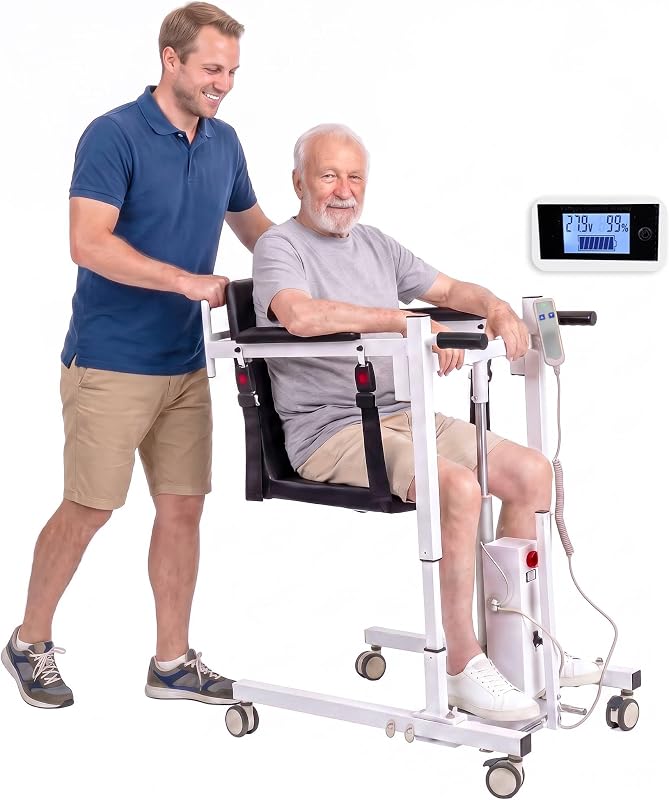 Patient Lift Transfer Chair with Electric Assist, 34–46” Lift Range, 400 lb Capacity, Reinforced Alloy Frame, Dual Seat Cushions for Home Care