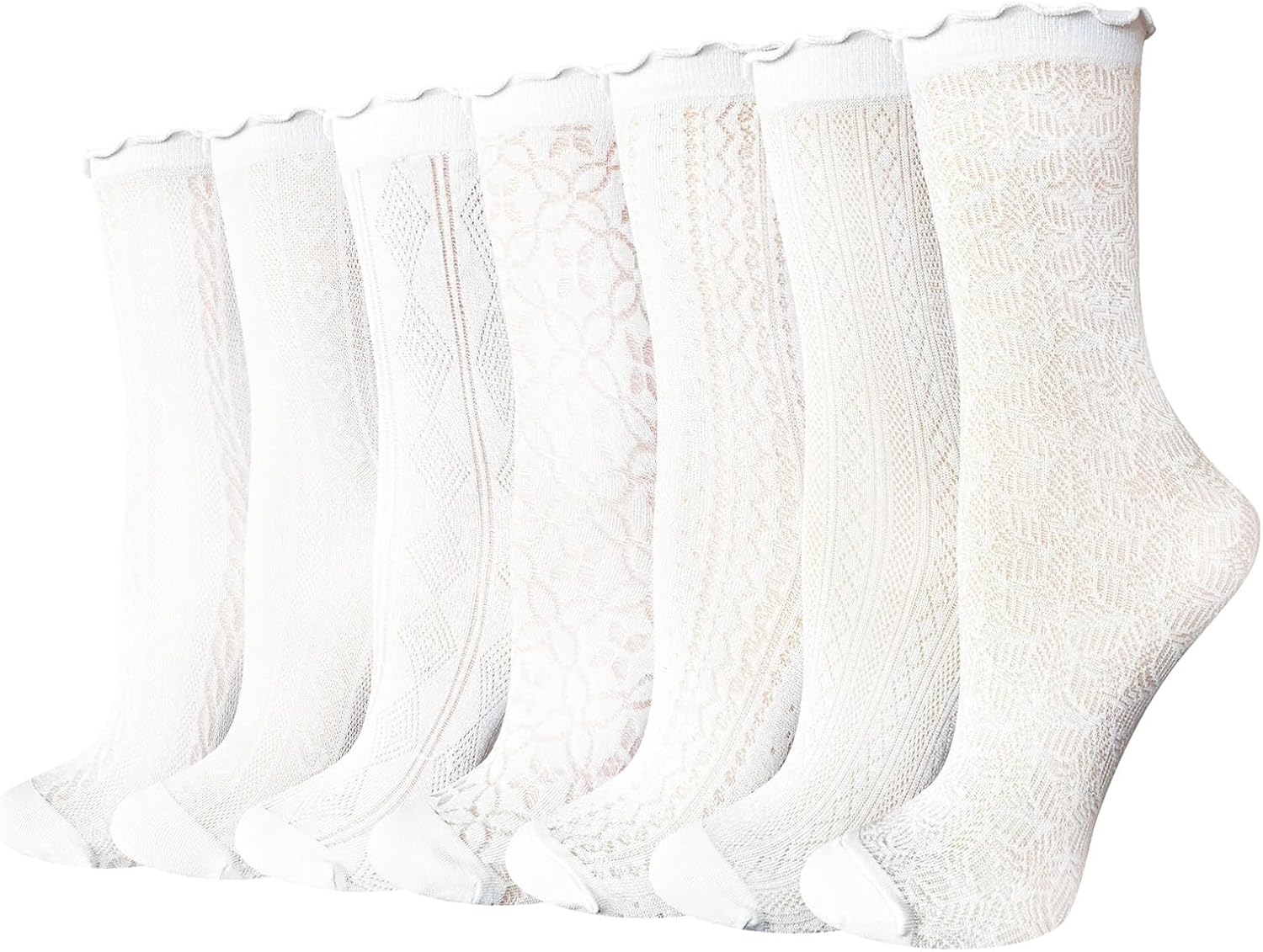 Cityelf 7 Pack Women's Black Ruffle Socks Mesh Lace Cotton Casual Crew Ultra Thin Frilly Ankle Socks