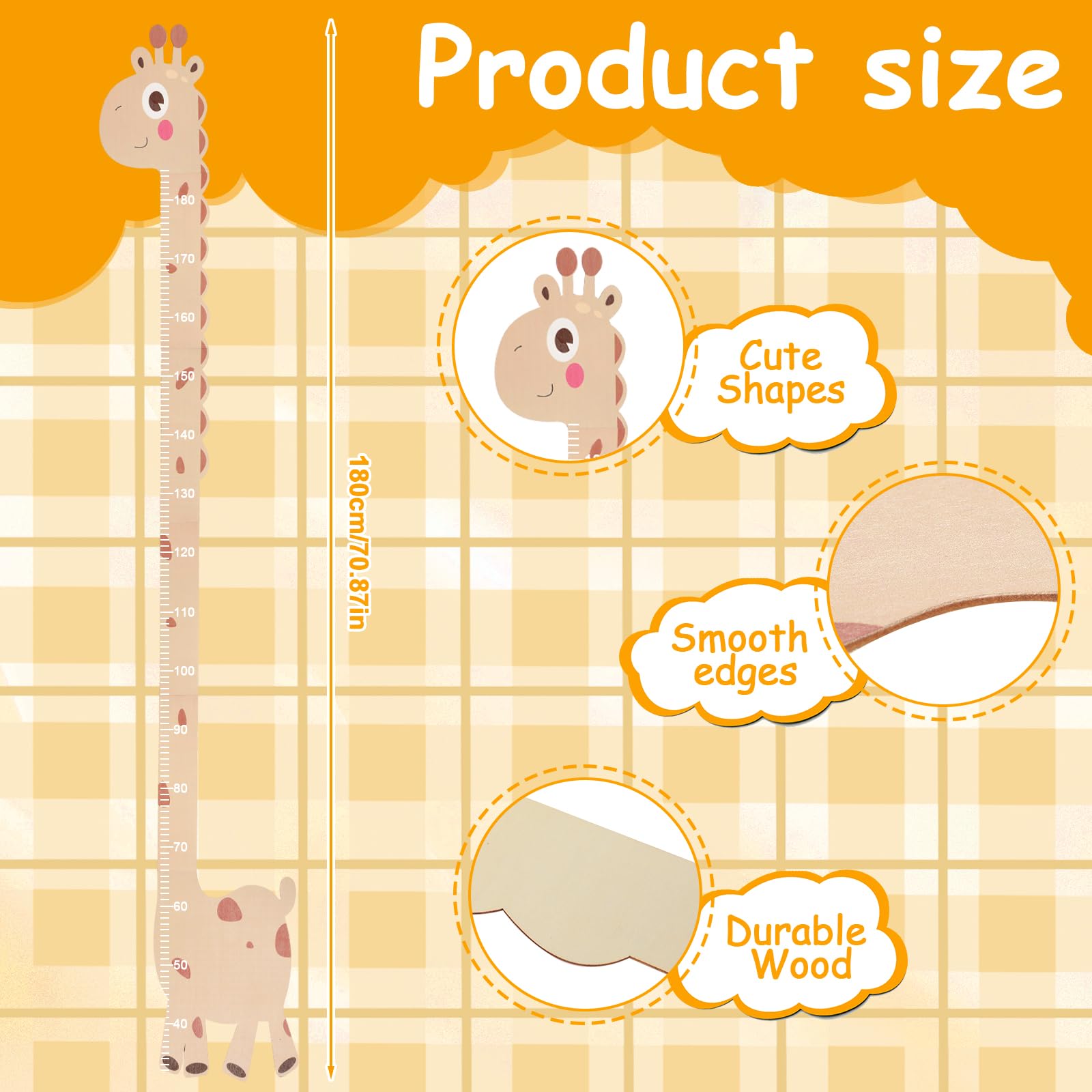Messlatte Kinder Holz mit Tiermotiv, 50-180 cm Messlatten Wanddekoration für Baby- & Kleinkinderzimmer, Messleiste als Puzzle (Holzfarbe)